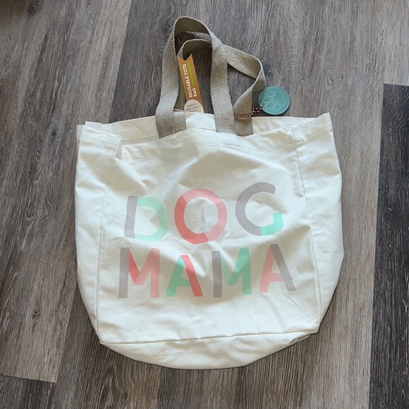 NWT handcrafted “dog mama” cotton canvas large reusable tote bag tan cream - Picture 3 of 10